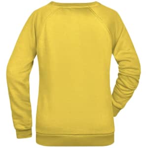 A yellow ladies' sweater with a simple design and a logo on the back.