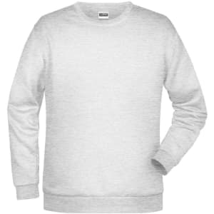 A grey men's promotional sweatshirt with long sleeves and a crew neckline, featuring a logo.