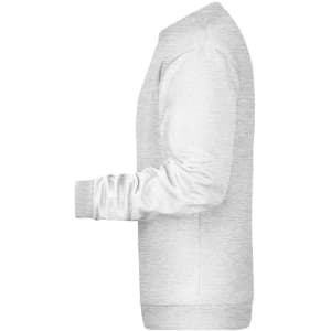A grey men's jumper displayed from the side, featuring long sleeves and a round neckline, with a logo present.