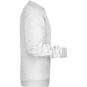 A grey men's promotional sweatshirt featuring a ribbed cuff and hem, with a branding logo present.