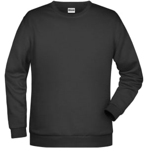 A black men's sweatshirt featuring long sleeves and a crew neck design, with a logo on the label.