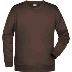 A brown men's jumper with long sleeves, featuring a ribbed crew neckline and cuffs. It has a logo on the chest.