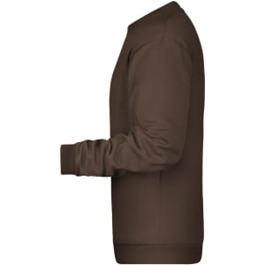 A brown men's crew neck jumper with long sleeves and a fitted silhouette. It features a logo on the side.