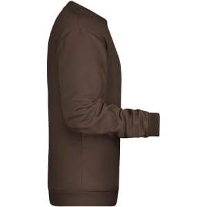 A brown men's sweatshirt displayed from the side, featuring a classic crew neck and ribbed cuffs. It has a logo.