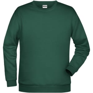 A green men's jumper with a round neckline and long sleeves, featuring a small logo on the front.