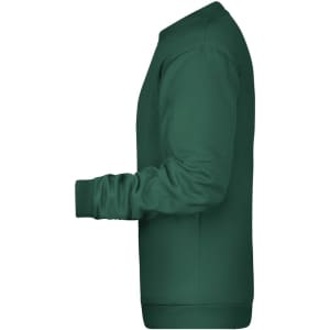 A green men's sweatshirt displayed from the side, featuring long sleeves and a round neckline. It has a logo.