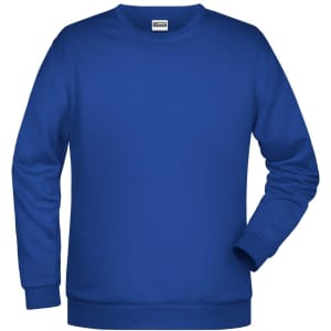 A blue men's sweater featuring long sleeves and a round neckline, with branding present.