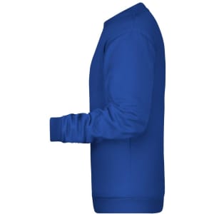 A blue men's jumper displayed from the side, featuring a crew neck and long sleeves. It has a logo on it.