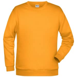A bright yellow jumper featuring long sleeves and a crew neck, with a small logo on the front.