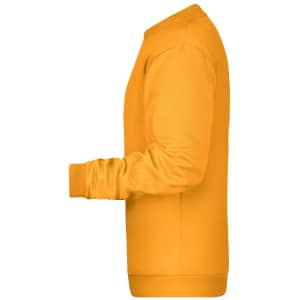 An orange men's jumper featuring a crew neck and long sleeves, with a branding logo present.