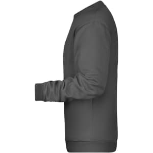 A dark grey sweatshirt with a crew neck and long sleeves, featuring a logo on the front side.