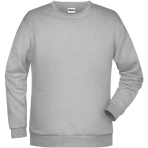 A grey men's jumper with long sleeves and a round neckline, featuring a branded label.