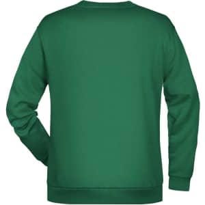 A green men's jumper featuring a crew neck and long sleeves, with a logo on the back.