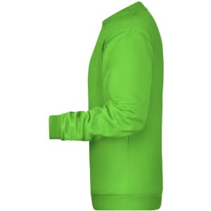 A bright green jumper with long sleeves, featuring ribbed cuffs and a crew neck design. It has a logo.