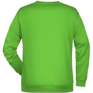A bright green jumper with a crew neck and long sleeves, featuring a branding logo on the back.