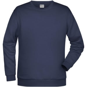 A navy blue men's jumper features long sleeves and a crew neck design. It includes a logo on the label.