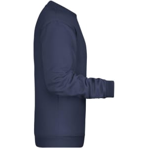 A navy blue men's jumper featuring a simple design and a logo. The side view highlights its fit and style.
