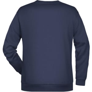 A men's navy blue jumper with a plain back and ribbed cuffs. Features a logo on the front.