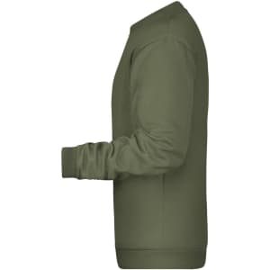 A green men's sweatshirt featuring a crew neck and ribbed cuffs, with a side view showcasing its fit and design.