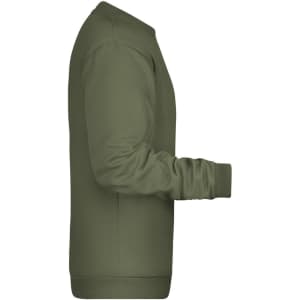 A khaki green men's jumper with a round neckline and long sleeves. It features a logo on the front.