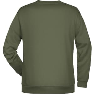A men's jumper in olive green, featuring a ribbed neckline and cuffs. The back is plain and has a logo.