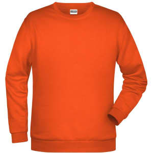 An orange men's sweatshirt with long sleeves and a crew neckline, featuring a logo on the chest.