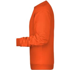 An orange jumper displayed from the side, featuring long sleeves and a relaxed fit. It has a branding logo.