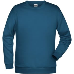 A men's jumper in a deep teal colour with long sleeves and a crew neck. It features a logo on the label.
