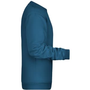 A blue men's jumper with long sleeves and ribbed cuffs, featuring a logo on the front.