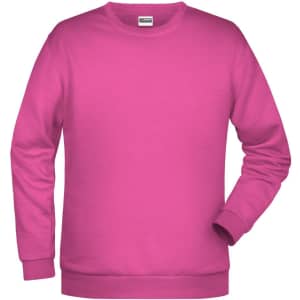 A pink men's sweatshirt with long sleeves and a crew neck design. It features a logo on the front.