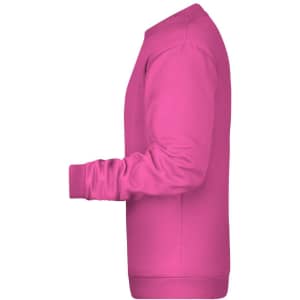 A pink men's jumper with a crew neck and ribbed cuffs, featuring a logo on the front.