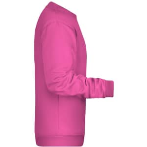 A pink jumper featuring a crew neck and long sleeves, displaying a simple design with a logo.