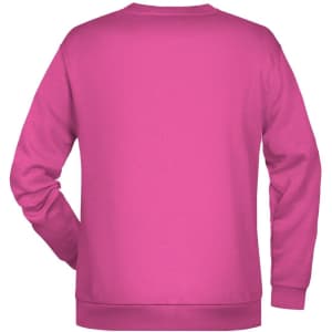 A pink men's jumper with a crew neck and a plain back. It features a logo on the garment.