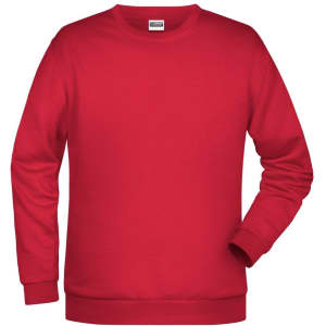 A red men's jumper with long sleeves and a crew neck. It features a logo on the front.