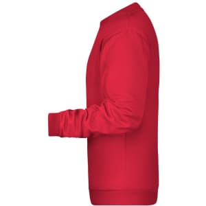A red men's jumper with long sleeves, featuring a crew neck and ribbed cuffs. It has a logo on the front.