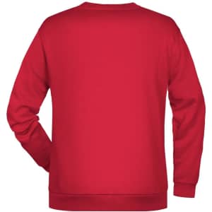 A red jumper with a crew neckline and long sleeves, featuring a logo on the back.
