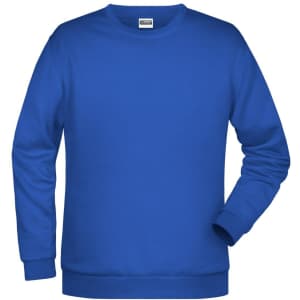 A blue jumper featuring long sleeves and a round neck, with a plain design and a logo on the label.