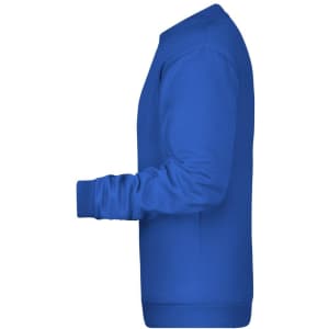 A blue men's sweatshirt displayed from the side, featuring long sleeves and a round neck. It has a logo.