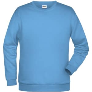 A light blue men's sweatshirt with a classic crew neck and long sleeves, featuring a logo.