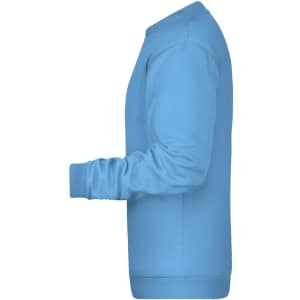 A light blue jumper featuring long sleeves and a crew neckline, with a logo on the front.