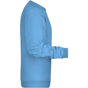 A blue men's jumper features a crew neck and long sleeves, with a subtle logo on the sleeve.