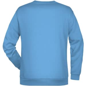 A blue men's jumper featuring a plain back design and a subtle logo.