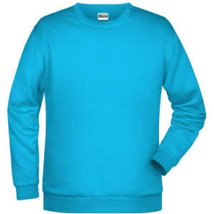 A turquoise men's sweatshirt with long sleeves and a crew neck, featuring a logo on the chest.
