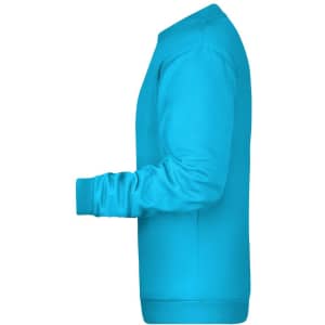 A side view of a bright turquoise men's jumper with long sleeves and a crew neck design.