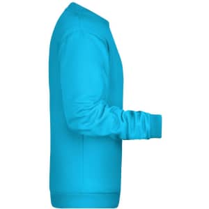 A bright turquoise men's jumper with a crew neck and long sleeves, featuring a logo.