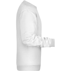 A white men's sweatshirt featuring long sleeves and a ribbed cuff and hem. Includes a logo on the front.