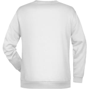 A white men's sweatshirt featuring a simple design and a rear view, including a logo on the back.