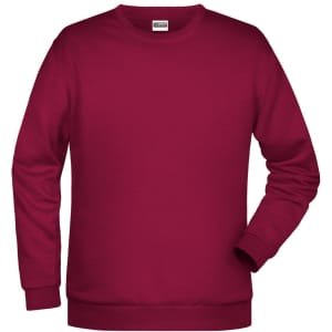 A maroon jumper featuring long sleeves and a crew neck, with a branding logo on the label.