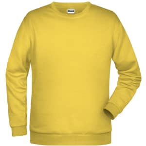 A yellow jumper made of a soft fabric, featuring long sleeves and a round neckline, with a small logo.
