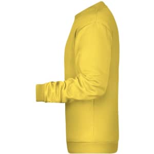 A yellow sweatshirt featuring a crew neck and long sleeves, with a visible logo.